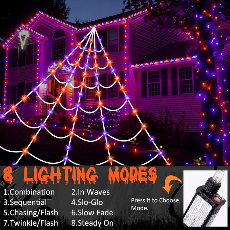 Zivilic Halloween Spider Web Lights 150 LED Lighted Spider Web Giant 16.4 Ft Halloween Decorations Light up with 8 Lighting Modes Waterproof & Timer Outdoor Indoor Yard Haunted House Decor, Purple & Orange - Image 3